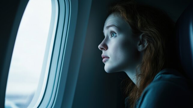 A young woman looks anxious and fearful while sitting by the window on an airplane, illustrating the concept of flying anxiety and fear during air travel.