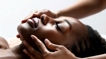 An African American woman is lying down, eyes closed, as a skilled therapist performs a soothing facial massage, promoting relaxation. The calming ambiance enhances her experience