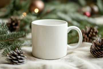 White ceramic mug placed on a natural linen surface, surrounded by evergreen branches and pinecones. A cozy winter or holiday theme, perfect for seasonal advertising or mockups with copy space.