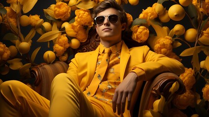 A zany individual wearing a banana costume and striking a pose against a surreal background of floating fruit and whimsical patterns