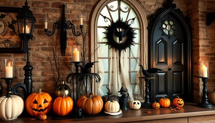 Obraz premium Halloween decor with pumpkins, candles, and black ravens on a brick wall.
