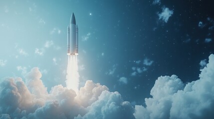 A spaceship takes off into the sky from the cosmodrome, leaving behind clouds of smoke as it starts its journey into space. Excitement and potential of space travel, startup and innovation.