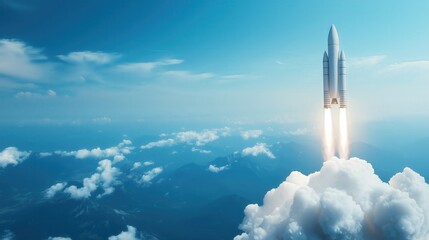 A spaceship takes off into the sky from the cosmodrome, leaving behind clouds of smoke as it starts its journey into space. Excitement and potential of space travel, startup and innovation.