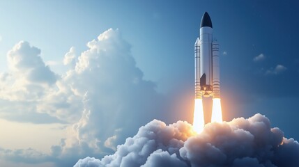 A spaceship takes off into the sky from the cosmodrome, leaving behind clouds of smoke as it starts its journey into space. Excitement and potential of space travel, startup and innovation.