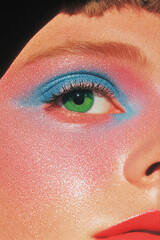 Close-up of a glamourous makeup showcasing vibrant blue eyeshadow and sparkling highlights, emphasizing the elegance and artistic beauty of makeup artistry.