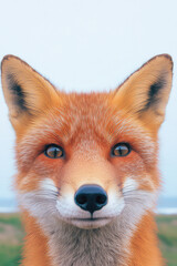 Fototapeta premium This image depicts a fox with vibrant orange and white fur, standing outdoors against a blurred background, highlighting its detailed and expressive ears.
