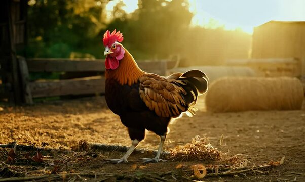 Capon Pausing in a Rustic Farmyard