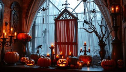 Obraz premium A spooky Halloween windowsill with lit pumpkins, candles, and a spooky skeleton.