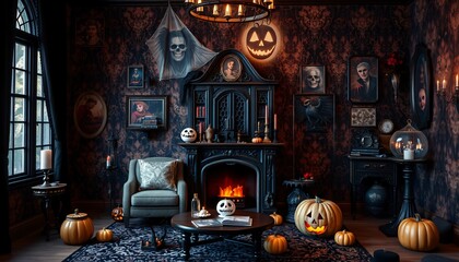 Obraz premium A spooky living room decorated for Halloween with a fireplace, pumpkins, and candles.