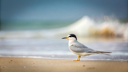 Fototapeta premium Small, grey and white least tern bird perches on a sandy beach, gazing out at a calm ocean with a faint misty horizon.