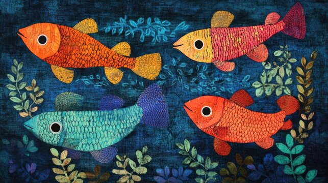 Brightly colored traditional Gond folk art from India featuring intricate patterns of fish a textured background
