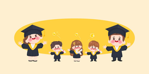 Group of kids in graduation suits with Diploma. Concept illustration of Diploma graduating little for kid.  illustration vector premium.