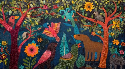 Brightly colored traditional Gond folk art from India featuring intricate patterns of animals on a textured background
