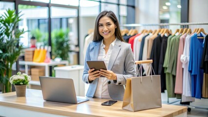 Fototapeta premium Smiling customer service representative stands confidently behind a desk, holding a tablet and beaming with joy, surrounded by sale tags and shopping bags.