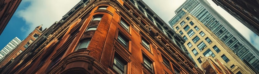 Brick and Glass Buildings Reaching Upward in Urban Setting