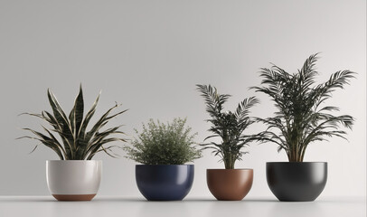Fototapeta premium Four potted plants sit in a row on a white surface