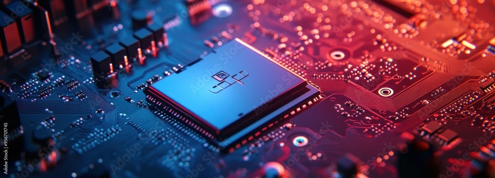 Poster Close-up of a Circuit Board with a Microchip in Red and Blue Lighting