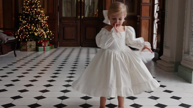 Cute little girl in a beautiful white dress spinning around herself, Christmas mood, Christmas tree dressed up for the holiday