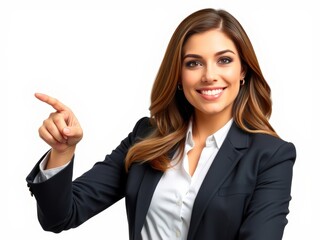 business woman pointing at something in white background