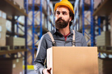 Facility manager carrying boxes with merchandise around depot, working on managing important...