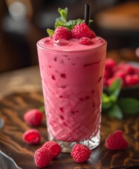 Delicious raspberry milkshake in a glass with ice cubes and fresh berries, garnished with mint leaves.