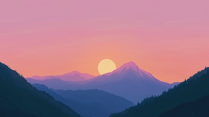 Obraz premium Minimalist anime-inspired sunset over layered mountains with a large red sun, perfect for adding copy or design elements