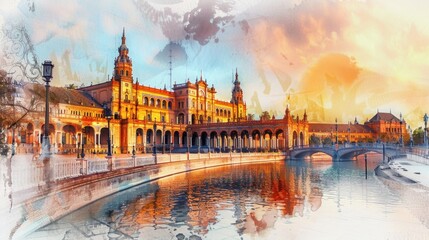 Obraz premium View of Seville, Plaza de España. Travel in Spain. Holidays in Andalusia. Horizontal banner, free space for text, watercolor illustration. Postcard from Sevilla. Tourism concept. Andalusian trip