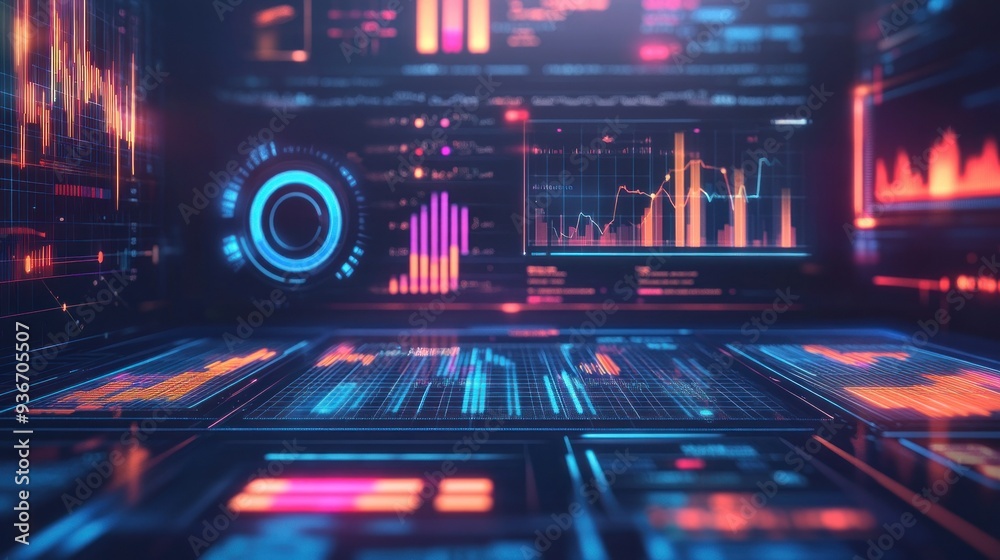 Poster Digital Interface with Colorful Graphs and Data Visualizations