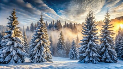 Fototapeta premium Snow-covered evergreen trees stand tall in a serene and mystical winter forest, with frosty mist swirling around their trunks and branches in the cold morning air.