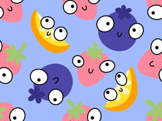 Summer cartoon line art berries seamless strawberry fruit pattern
