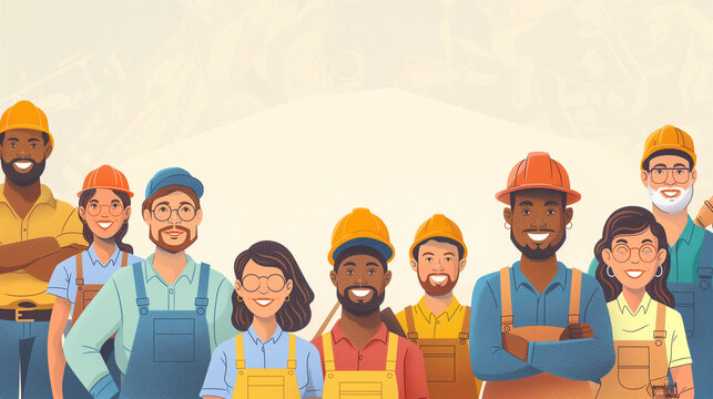 Celebrating Workers: A diverse group of workers smiling and celebrating together, Labor Day, with copy space