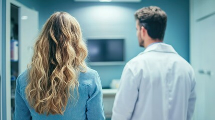 Obraz premium Woman with Long Blonde Hair and a Man in a White Coat