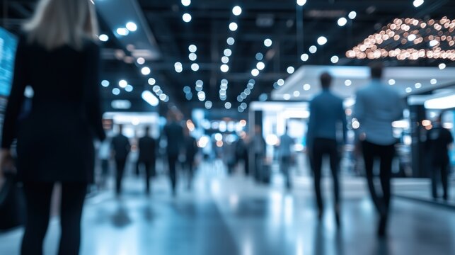 Busy scene at a professional expo with people walking and interacting. The setting includes booths, banners, and informational displays. The background shows modern architecture with large windows