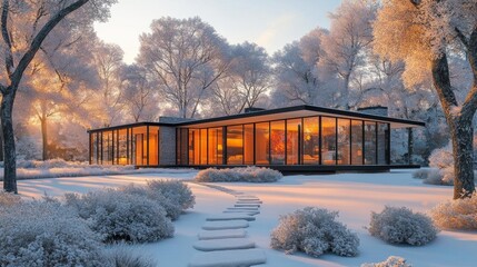Modern Glass House in a Winter Wonderland Generative AI
