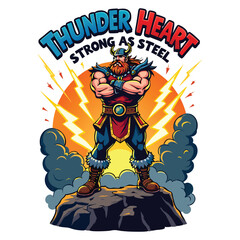 burly, bearded man wearing a Viking horned helmet, standing triumphantly on a cliff with his arms crossed.