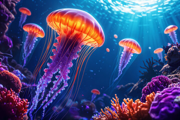 Vibrant and colorful digital illustration of an underwater scene, featuring a large purple jellyfish surrounded by various coral formations and other sea creatures.