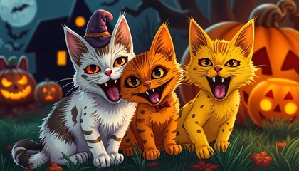 Three cartoon cats in a Halloween scene with pumpkins, bats, and a witch's hat.
