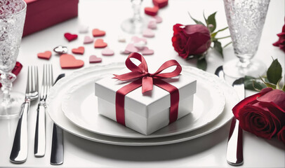 A white gift box with a red bow sits on a white plate, surrounded by red roses, scattered heart-shaped confetti, and silverware, perfect for a romantic dinner date