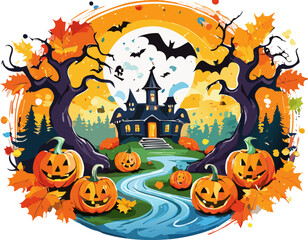 Halloween poster with Pumpkins and Bats ,spider and candy Halloween Background banner template. Vector illustration.
