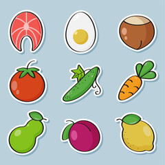 A set of vector stickers depicting natural healthy food