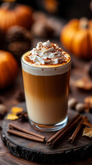A beautifully presented pumpkin cream cold brew latte in a glass tumbler, with creamy layers and a smooth pumpkin foam on top