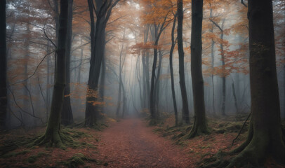 Naklejka premium A path winds through a dense forest on a foggy autumn day