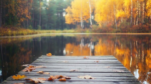 A serene autumn scene featuring a wooden dock overlooking a calm lake surrounded by trees with vibrant fall foliage reflecting in the water. Seasonal travels, product display