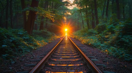 Fototapeta premium Sunset through forest railway - generative ai