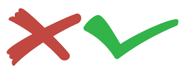 Tick and cross signs. False and true, right and wrong. Correct and incorrect, accept and reject. Green tick OK and red X cross. YES and NO. isolated on white. Digital content