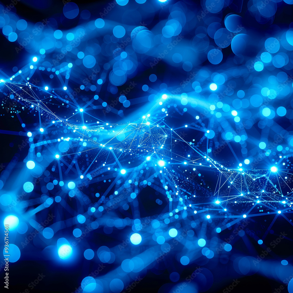 Poster a vibrant display of interconnected blue lights creating a flowing network, representing a digital l
