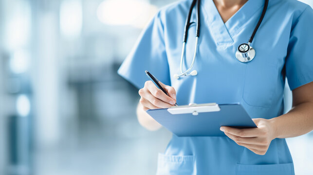 Focused nurse recording medical data on a clipboard in a hospital setting, exemplifying attention to detail and dedication to patient care.