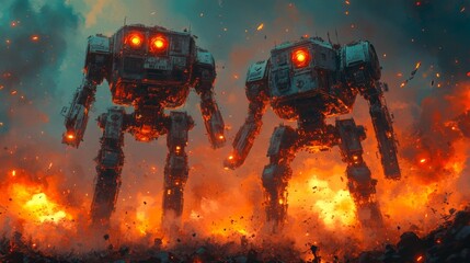 Giant mechs in a fiery battle scene - generative ai