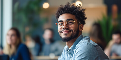 Confident young professional in a modern office environment, his engaging smile reflecting approachability and positive workplace dynamics.