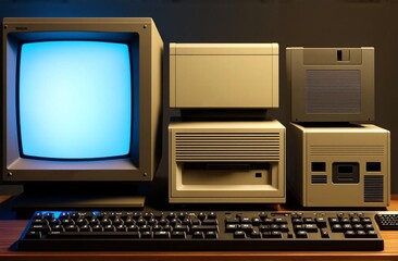 A highly detailed close-up shot of a retro computer setup from the 1980s, complete with a CRT monitor, mechanical keyboard, and floppy disks, rendered in photorealistic 8K quality with soft, nostalgic